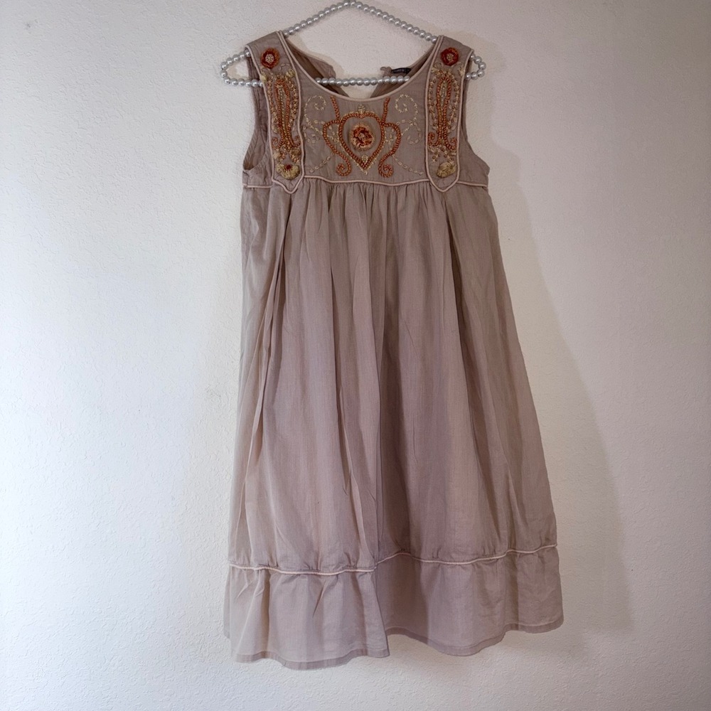 Matta Embroidered Cotton Dress Small taupe Tan  Boho Sleeveless Pom Pom